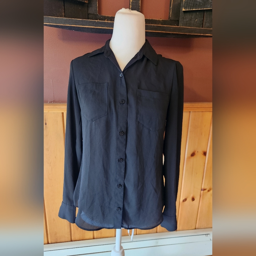 White House Black Market Black Pocket Poplin Blouse Button Down Size 00 XXS